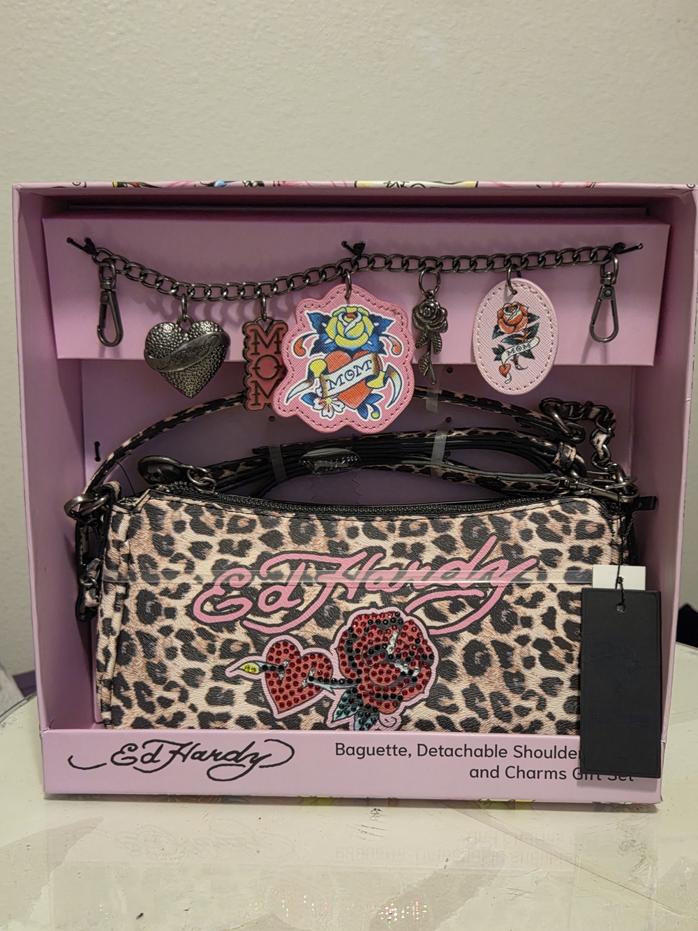 Ed Hardy Pink Leopard Print Baguette Shoulder Bag with Charms